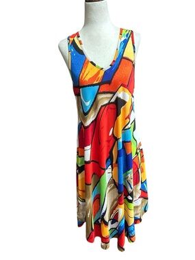 India Boutique Multicolor Abstract Asymmetrical Sleeveless Dress NWOT